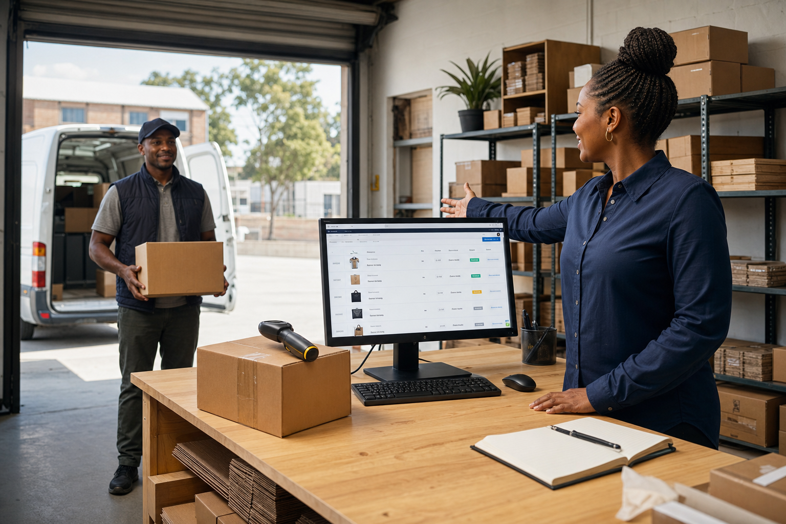 Business owner using an ecommerce order screen and barcode scanner while welcoming a delivery driver to a fulfilment workspace